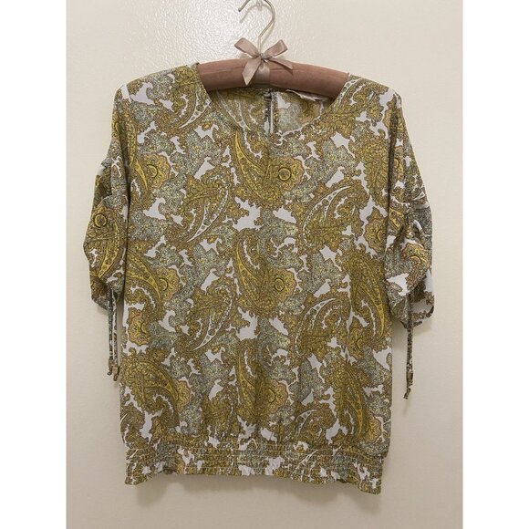 MICHAEL KORS SMOCKED WAIST RUCHED SLEEVE TOP FLORAL YELLOW PAISLEY L MSRP $78.00 - Picture 1 of 11